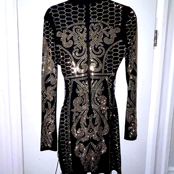 Gold Gem Cut-Out Dress with Mesh Sleeves - Picture 2 of 7